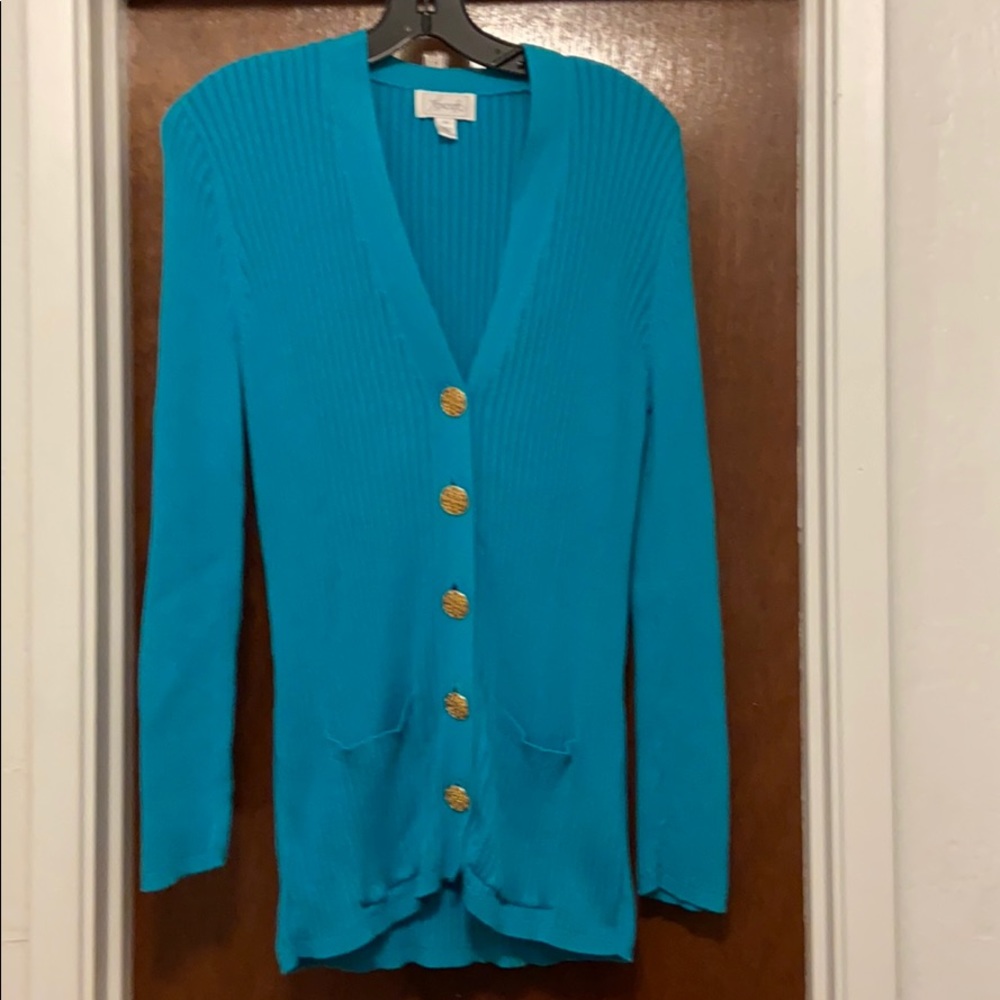 Teal cardigan with gold buttons